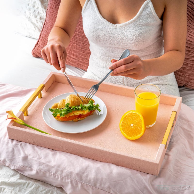 Home Redefined Modern Elegant 17.5"x12" Rectangle Baby Pink Tray Glossy Shagreen Faux Leather Decorative Ottoman Coffee Table Perfume Dresser Kitchen Serving Tray with Gold Polished Metal Handles. - Image 2